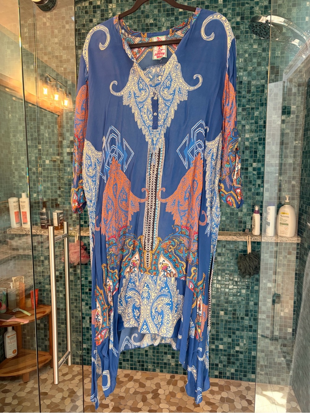 Johnny Was Blue Paisley Midi Dress with Orange Accents